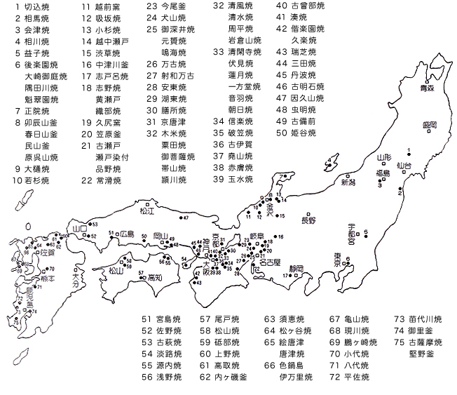 国焼の主な古窯地図